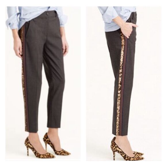 J.Crew Ludlow Sequin Tuxedo Stripe Cropped Grey Wool High Rise Pants Womens 10 ￼ - Picture 1 of 14